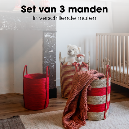 Opbergmandenset papierkoord maïsschil rood lichtbruin