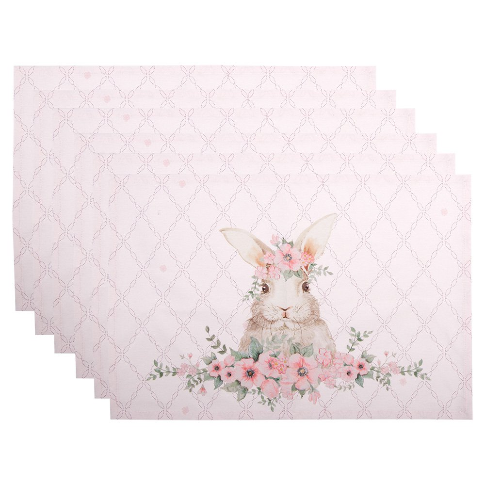 Placemats set van 6 roze katoen konijn 48x33 cm
