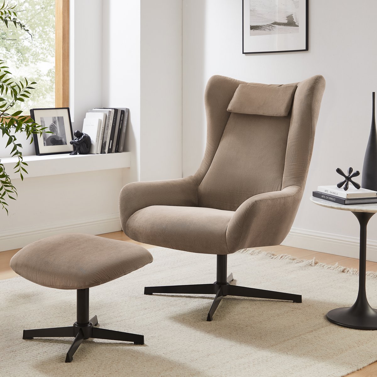 Fauteuil met kruk corduroy bruin 82x85x106 cm