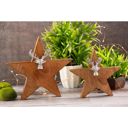 Houten ster decoratie 2 stuks mango hout aluminium 25/19 cm