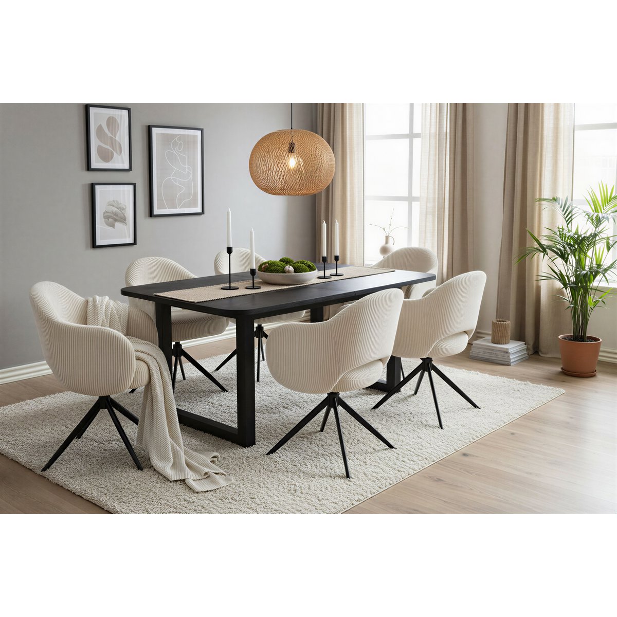 Eettafel 220x100 cm, 30 mm blad mango zwart, stalen frame antiek zwart