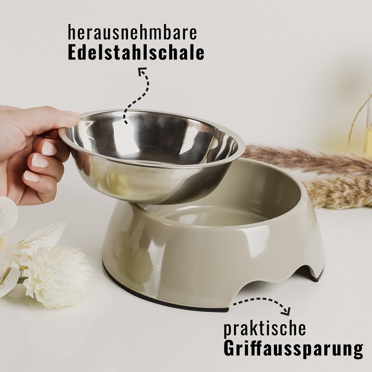 Huisdieren voerbak dubbel 160-1400ml melamine roestvrij staal taupe