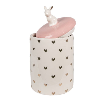 Voorraadpot Konijn Ø 13x30 cm Roze Wit Keramiek Hartjes Voorraadpot Deksel