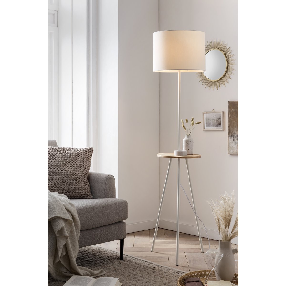 Vloerlamp met houten dienblad 152 cm wit