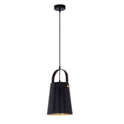 Hanglamp metaal Ø22x44 cm met leren beugel zwart