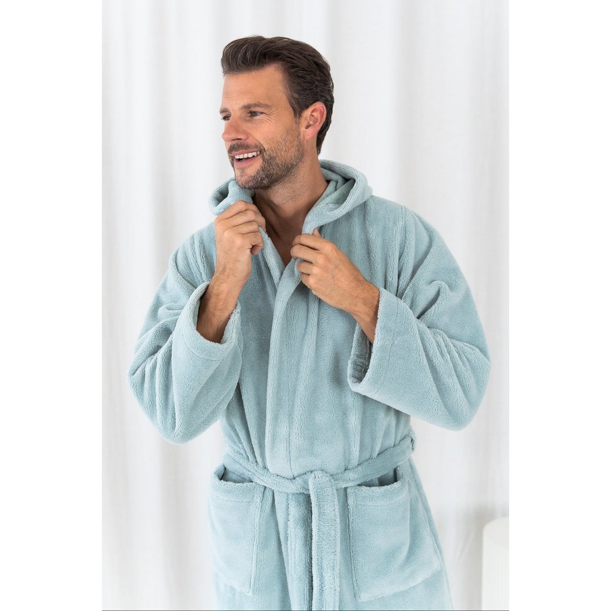 Badjas met capuchon zeegroen fleece katoen