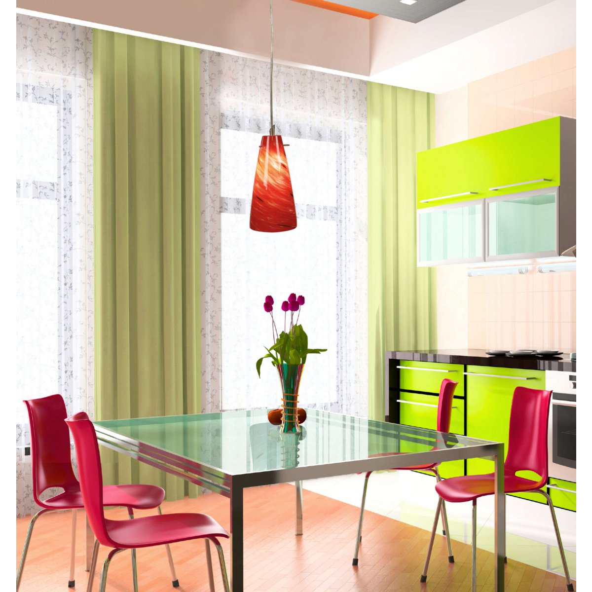 Hanglamp rood metaal glas 11x11x100 cm