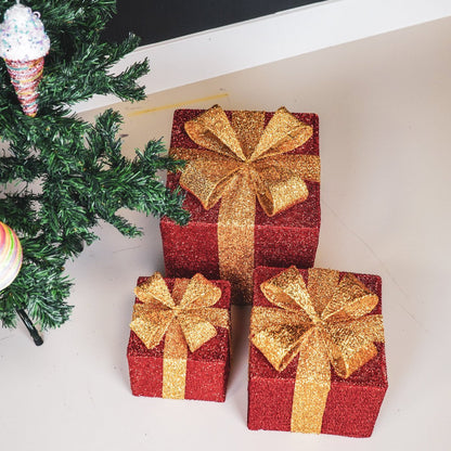 Kerst LED cadeauset 3 stuks rood goud 15/20/25 cm
