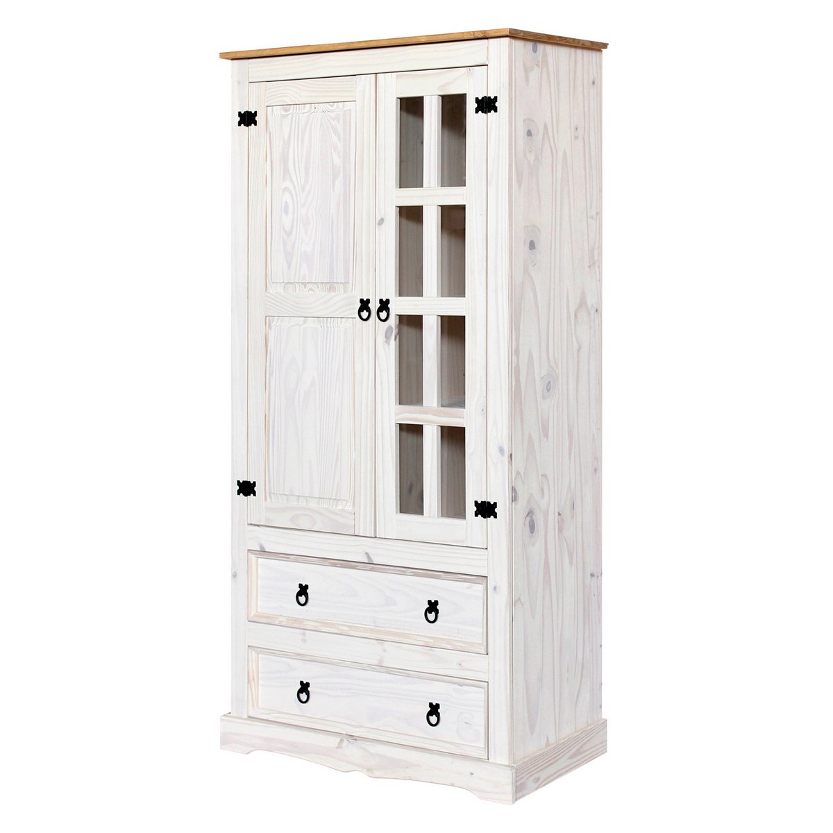 Vitrinekast massief grenenhout met glas en 2 lades