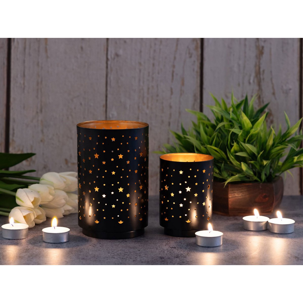 Kandelaars set 2 stuks Ø8x12cm en Ø11x16cm zwart goud