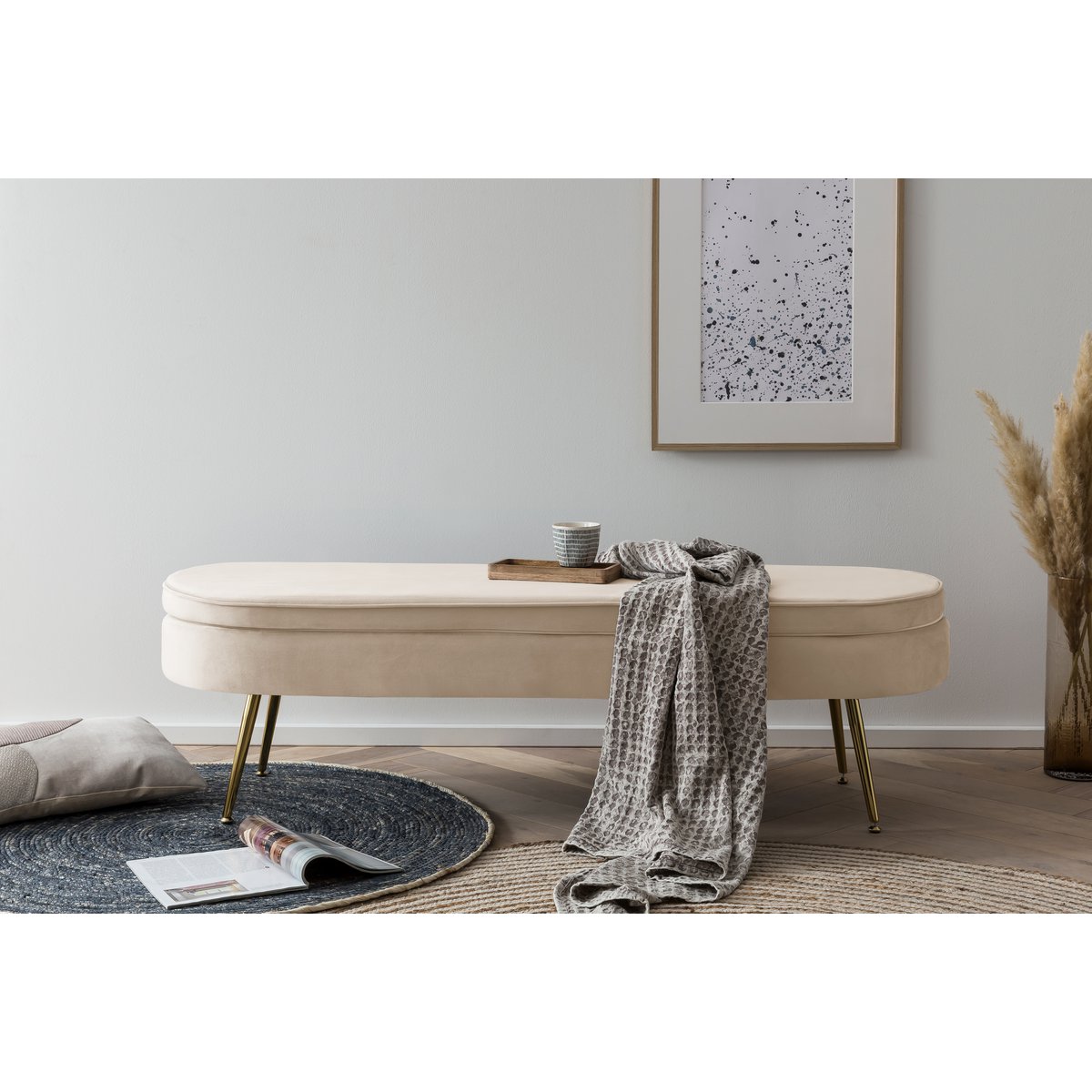Poef ovaal 142x45x41 cm beige metaal