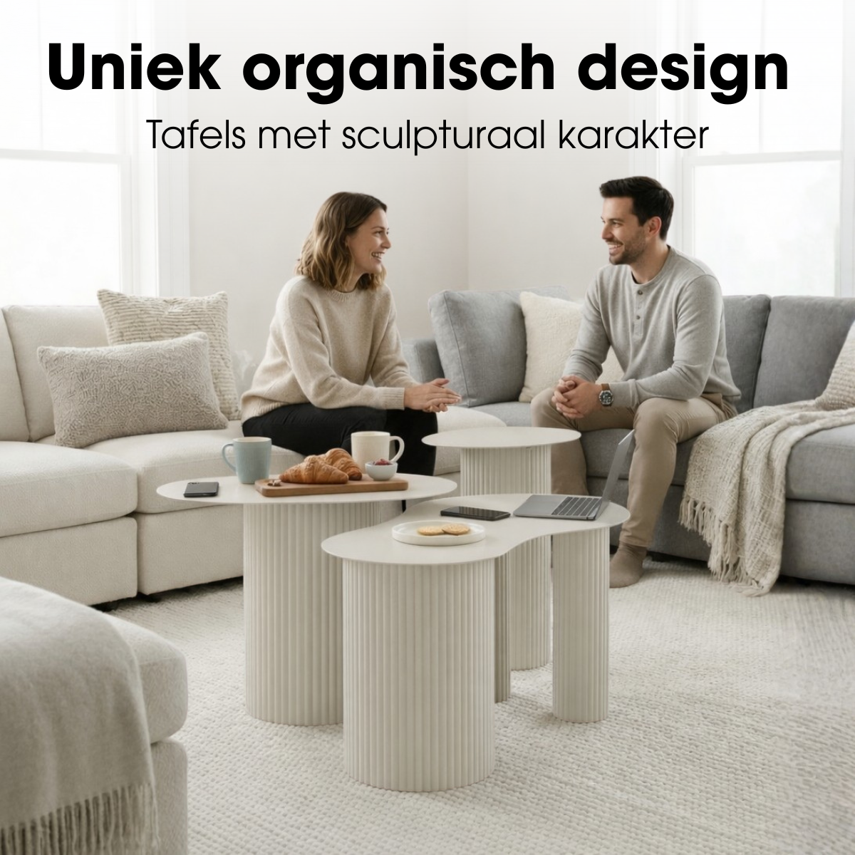 Bijzettafel set ijzer gebroken wit 3 stuks
