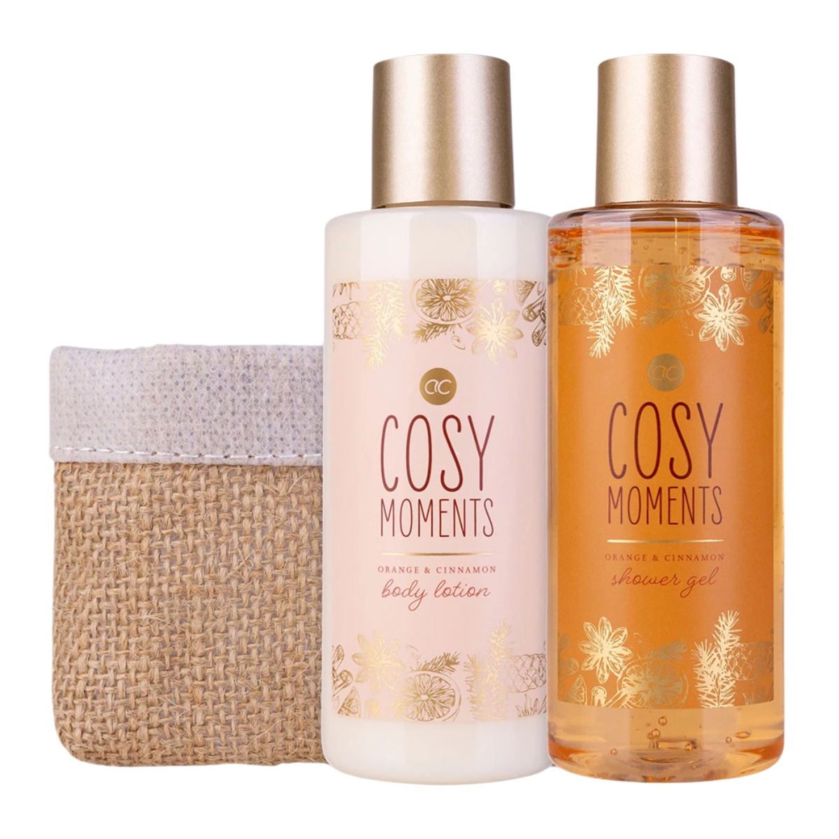 giftset bad sinaasappel kaneel 2x150 ml jute tasje