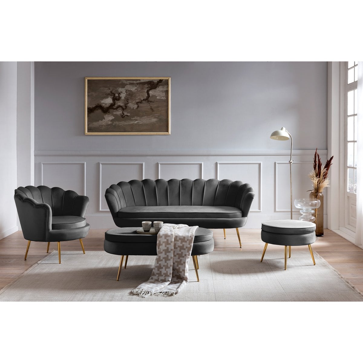 Zwart fluwelen schelp fauteuil
