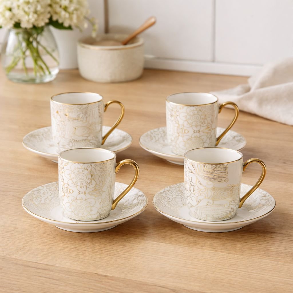 Kopjes met schotels 4 stuks keramiek wit 11x11x7 cm