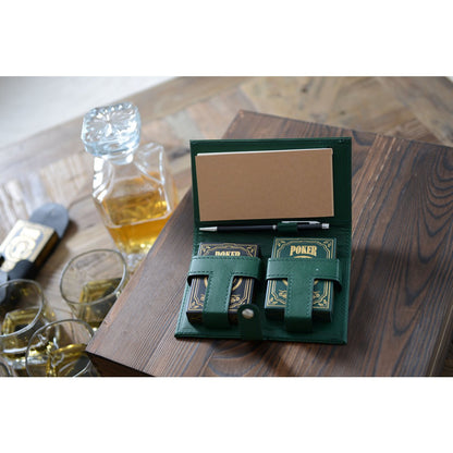 Pokerspel set 2 spellen met pen lakens imitatieleer groen 17x10.5x4 cm