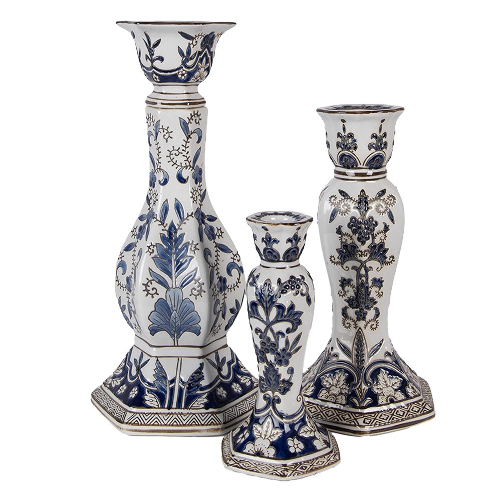 Kandelaar Ø18x36 cm wit blauw porselein