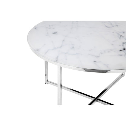 Salontafel Ø 80x45 cm glas wit marmerlook metaal zilver