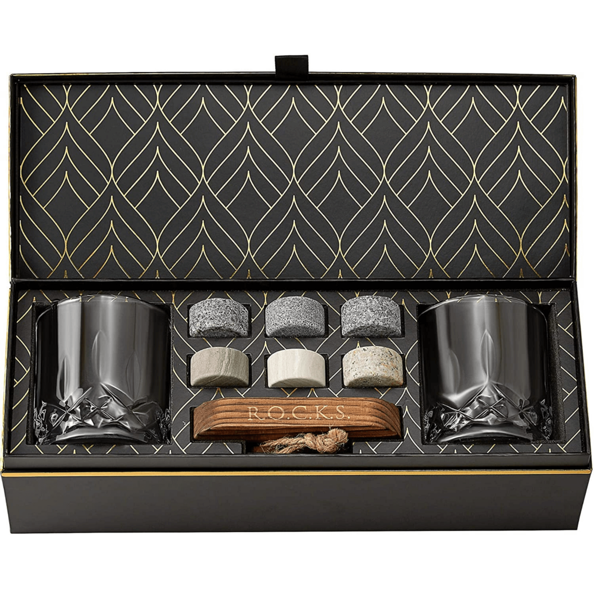 Whiskey set met granieten stenen en kristallen glazen