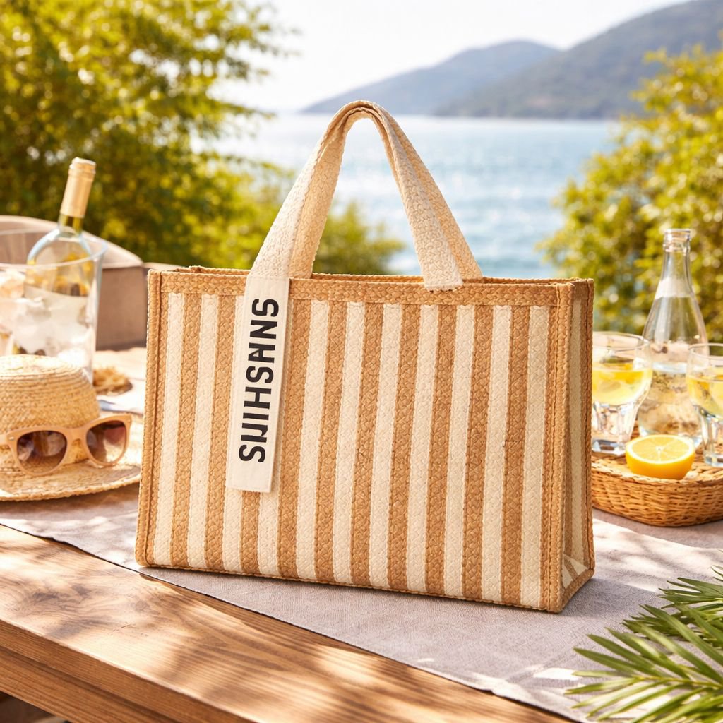 Beige striped tote bag