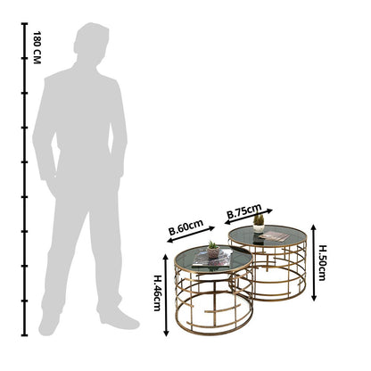 Bijzettafel set 2 stuks Ø75x50 / Ø60x46 cm glas metaal
