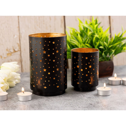 Kandelaars set 2 stuks Ø8x12cm en Ø11x16cm zwart goud