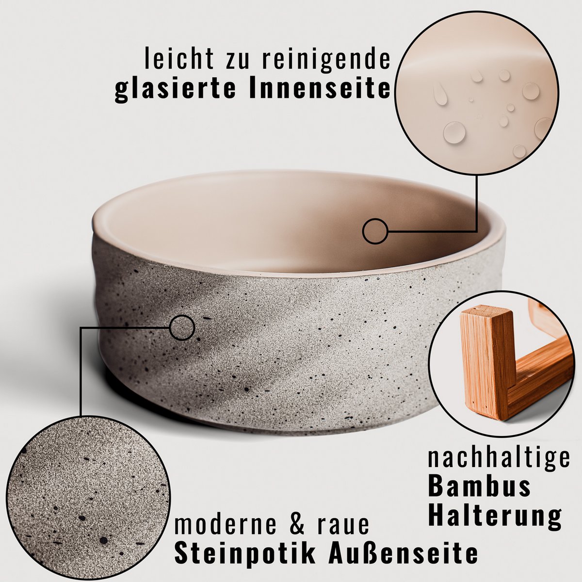 Huisdier voerbak keramiek bamboe dubbel beige grijs