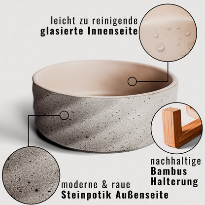 Huisdier voerbak keramiek bamboe dubbel beige grijs