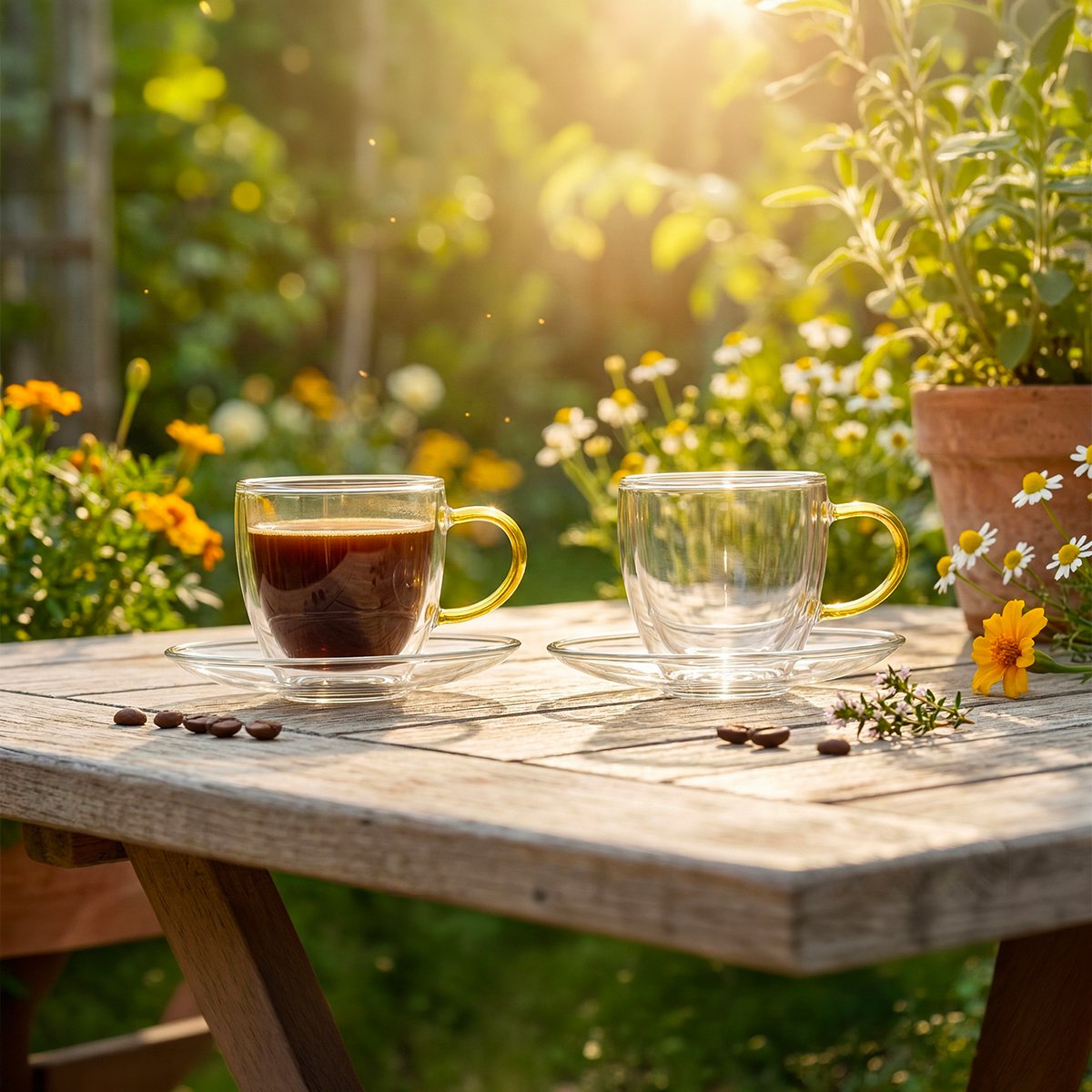 Espressokopjes dubbelwandig glas geel handvat 80 ml set van 2