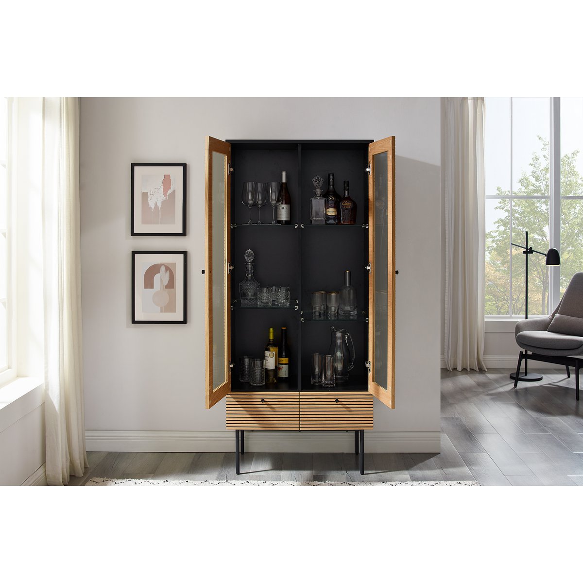 Vitrinekast 79x43x179 cm eikenfineer metaal