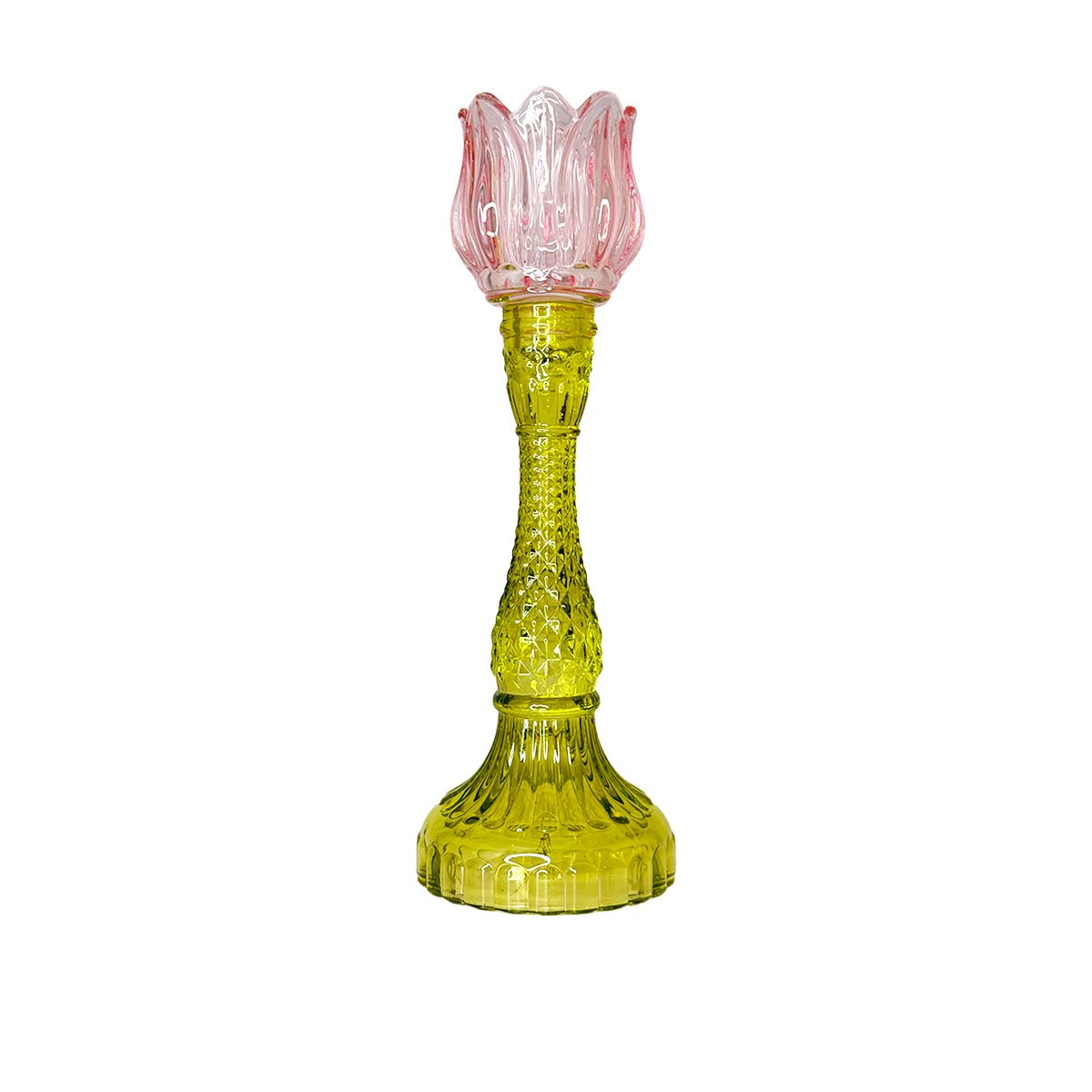 Kaarsenhouder glas lichtroze groen 10x10x29 cm