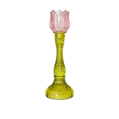 Kaarsenhouder glas lichtroze groen 10x10x29 cm