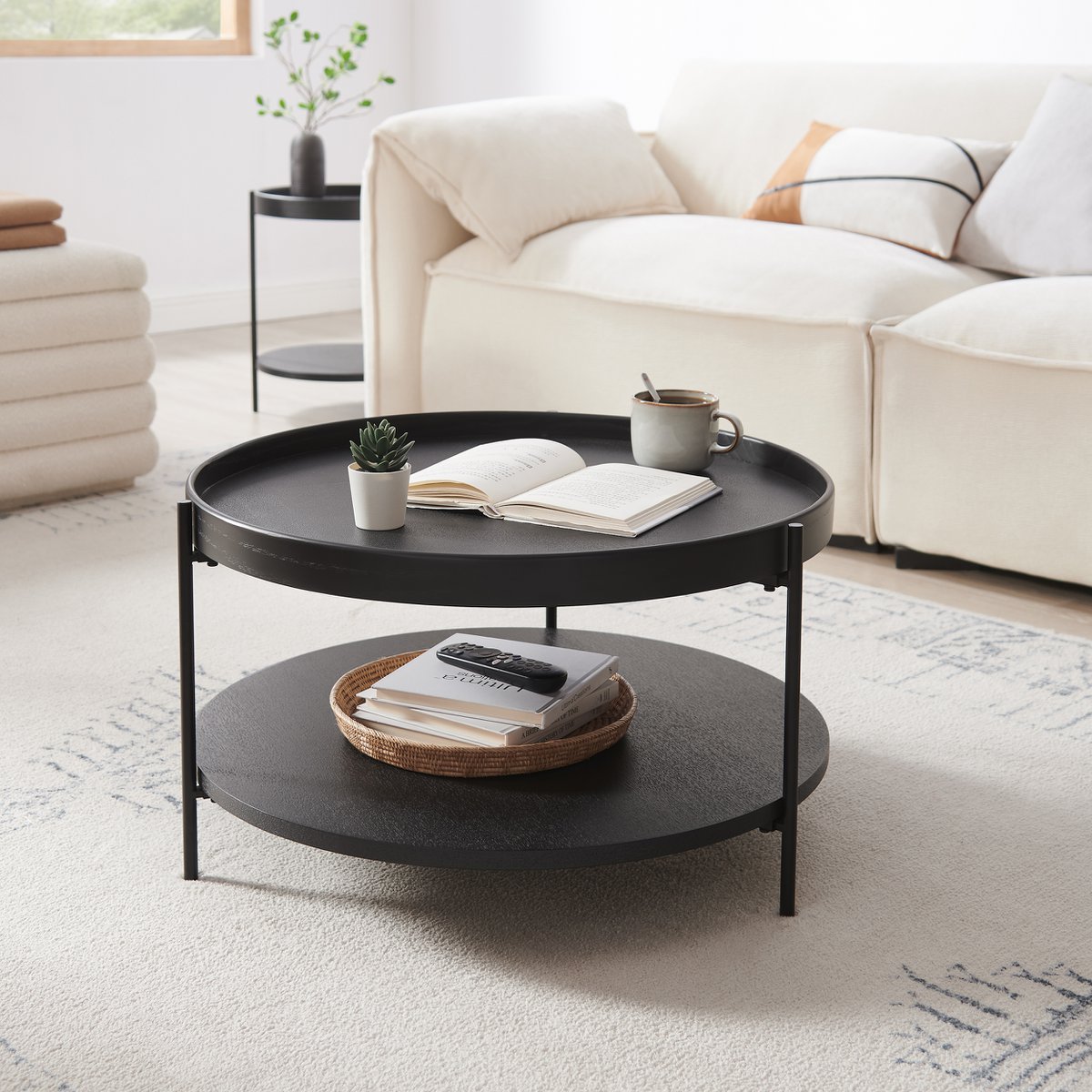 Salontafel rond Ø 69 cm zwart MDF essenhoutfineer