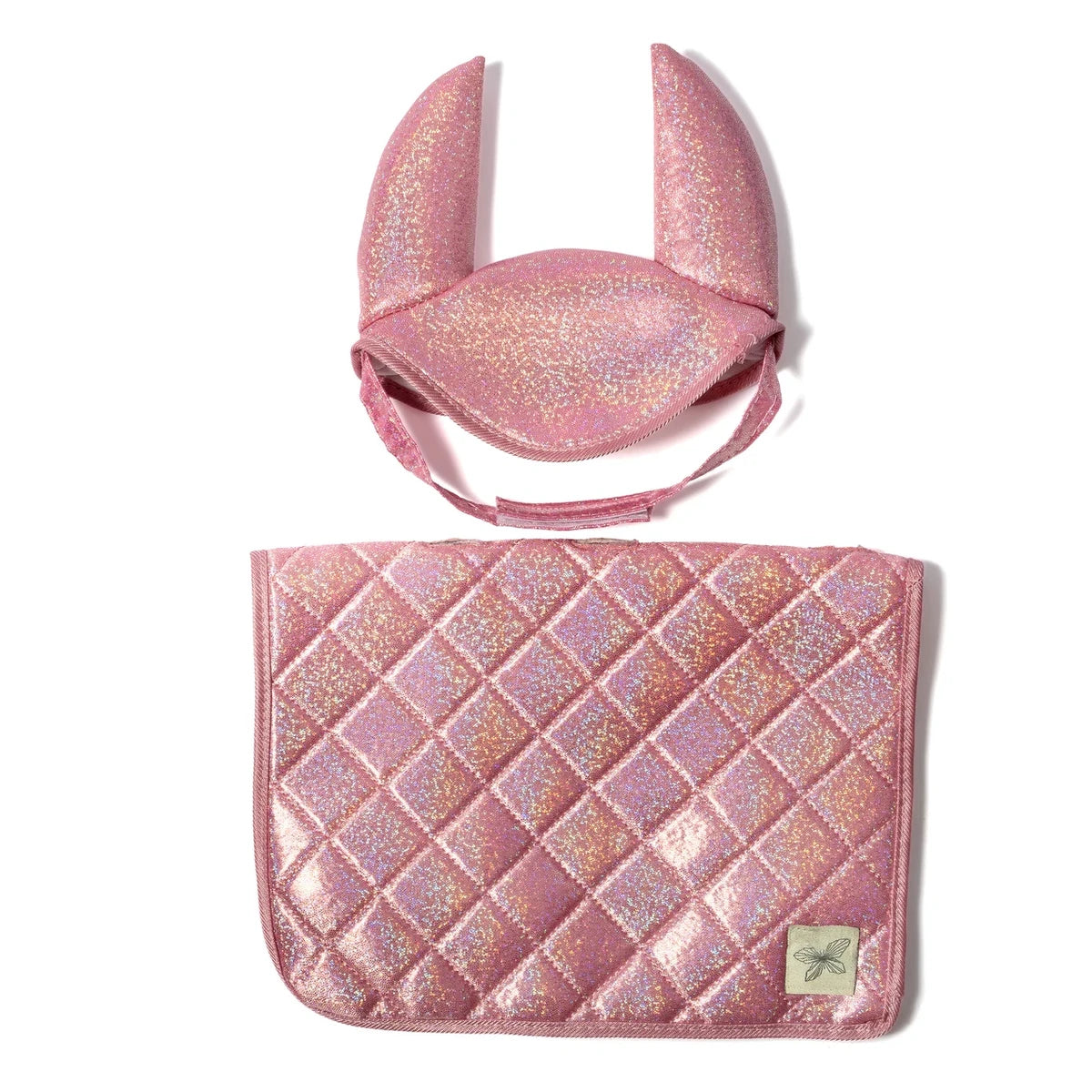 Stokpaard zadeldekje en mutsje roze glitterstof