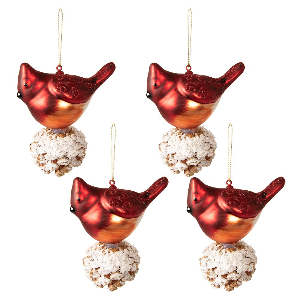 Kerstbal set 4 vogels 11x6x11 cm rood wit glas