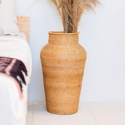 Rotan Vaas Rond Boho Vloervaas Hoog en Smal Vezels