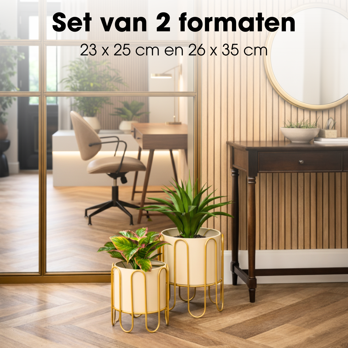 Bloempot op standaard set van 2 metaal bruin