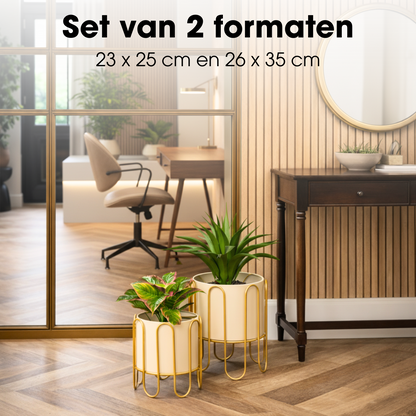 Bloempot op standaard set van 2 metaal bruin