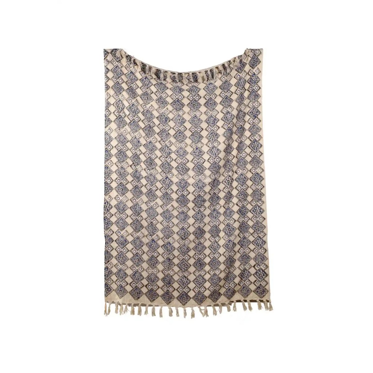 Beige Boho Plaid / Sofa Throw – Block Print with Tassels – 125x170 cm – Urbane Hide