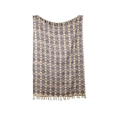 Beige Boho Plaid / Sofa Throw – Block Print with Tassels – 125x170 cm – Urbane Hide