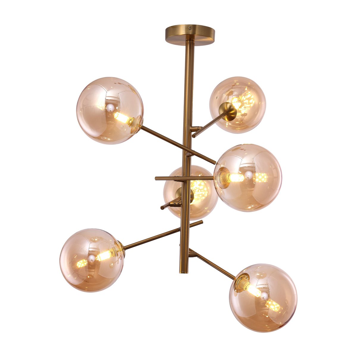 Pendant Light Ross Amber Six Glass Spheres With Gold-Colored Frame