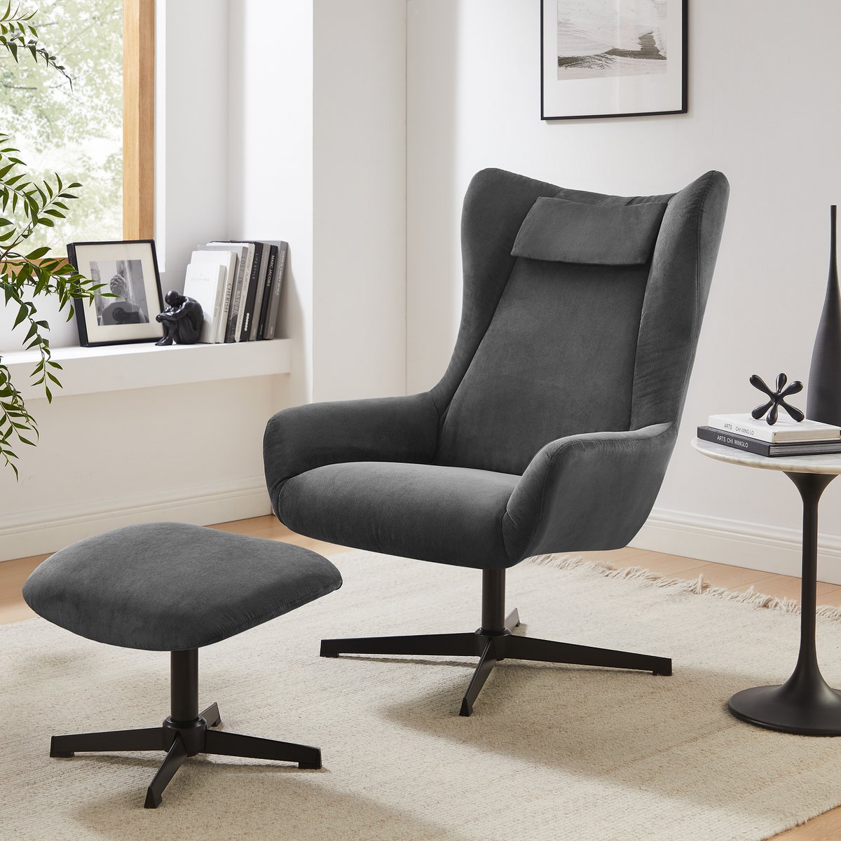 Fauteuil met kruk koordoptiek grijs