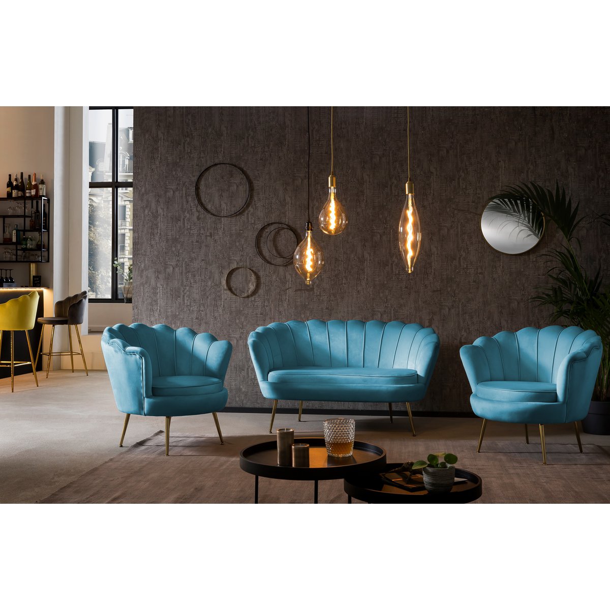 Schelpenbank fluweel blauw 136x77x78 cm