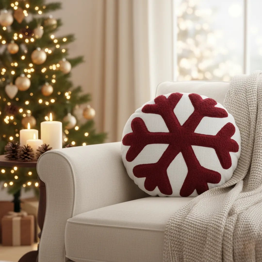 Kussenhoes rond 45 cm rood wit sneeuwvlok