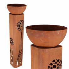 Rust-coloured garden decoration pillar with dandelions and bowl | Vintage decorative flower pillar