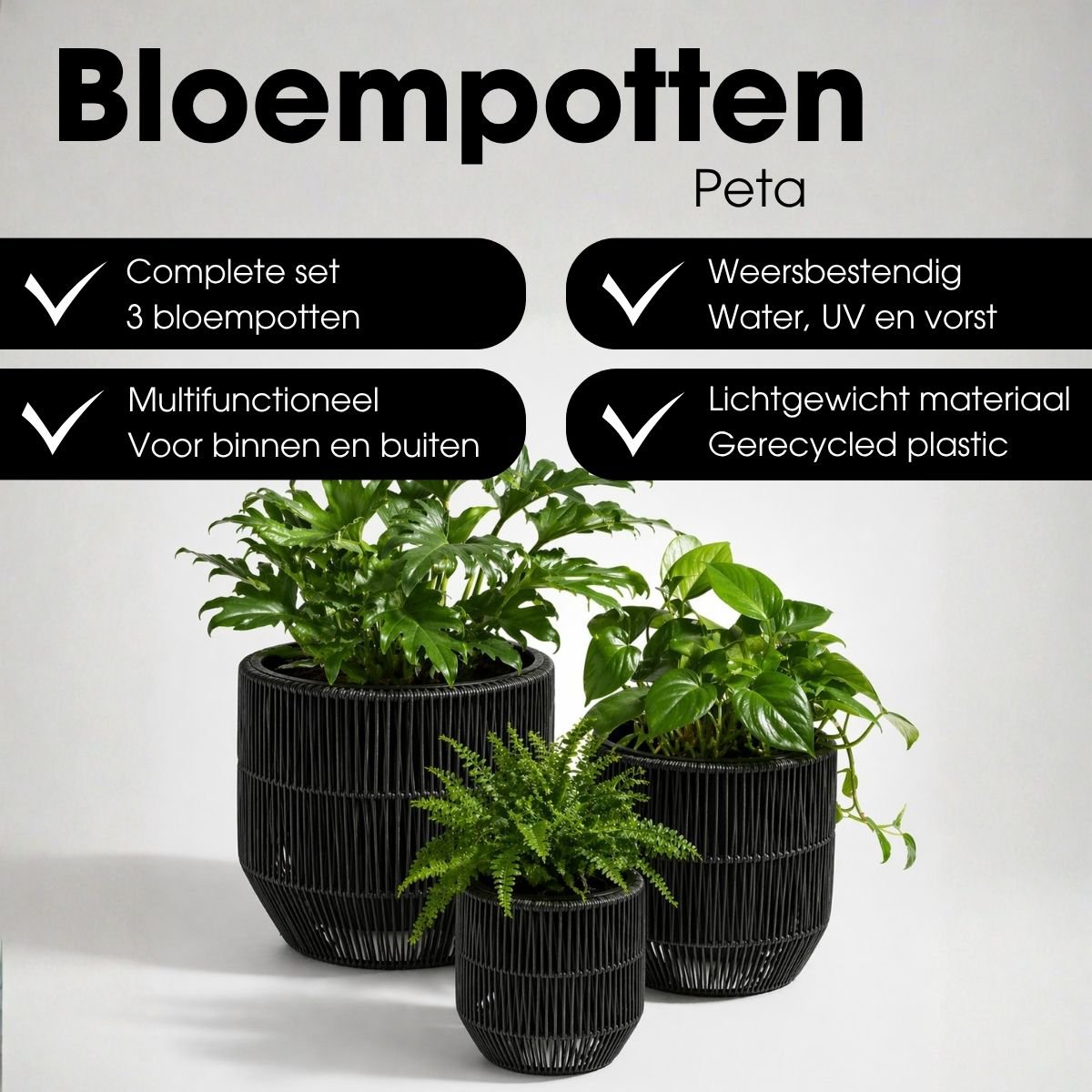 Bloempot buiten Peta zwart 3 stuks