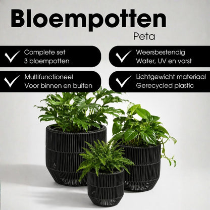 Bloempot buiten Peta zwart 3 stuks