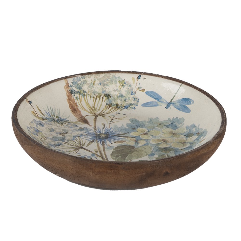 Serving dish Ø 20x4 cm White Blue Wood Flowers Presentation dish