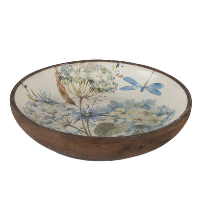 Serving dish Ø 20x4 cm White Blue Wood Flowers Presentation dish