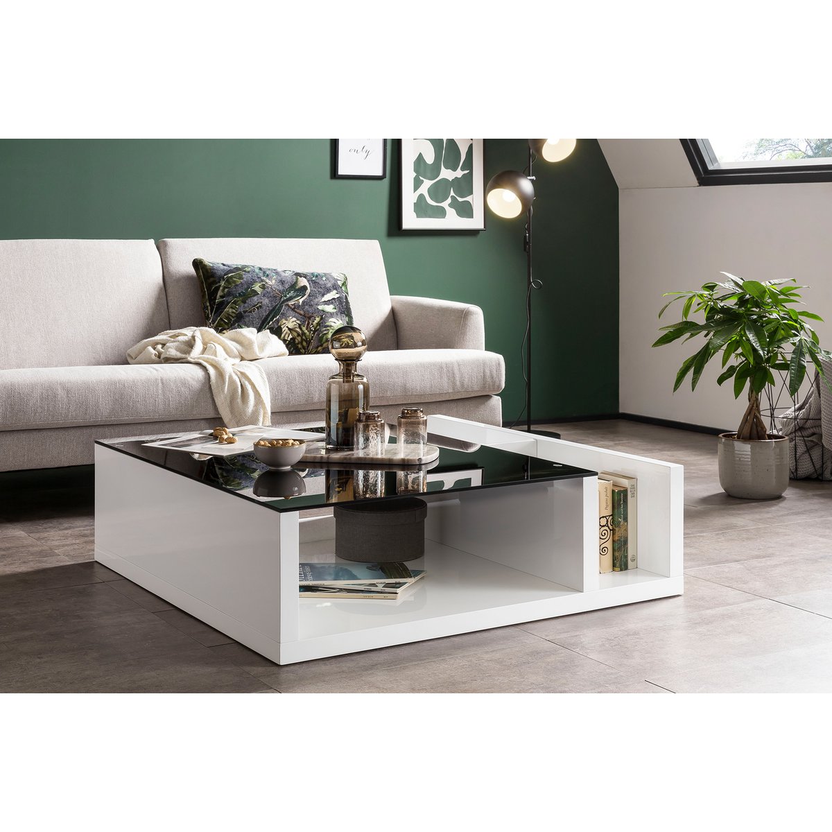 Salontafel 100x100x30 cm wit zwart MDF glas